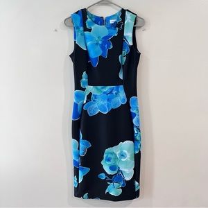 Calvin Klein T black Blue Floral Scuba Knit Sleeveless Sheath Dress Size 4